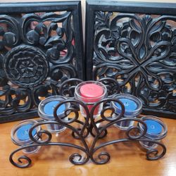 Two Beautiful Decorative Black Wooden Wall Art (12×12) Featuring Scrollwork Carvings Over Mirror Backing Plus Vintage Black Metal Votive Candle Holder
