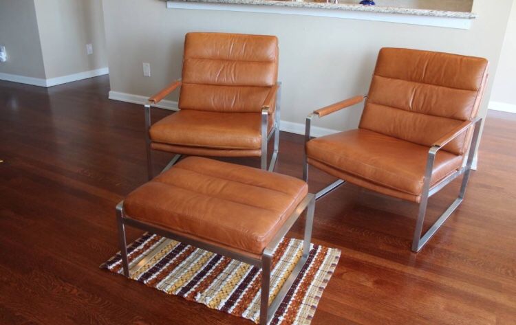 2 Un-used Dania Furniture Cigno Leather Chairs and Ottoman
