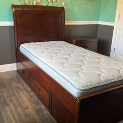 Cherry Wood Twin Bed With Nightstand And Like New Mattress 