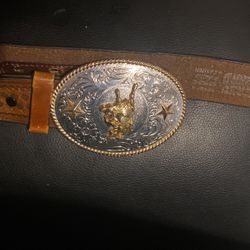 Vintage  Bull Buckle And Leather Belt