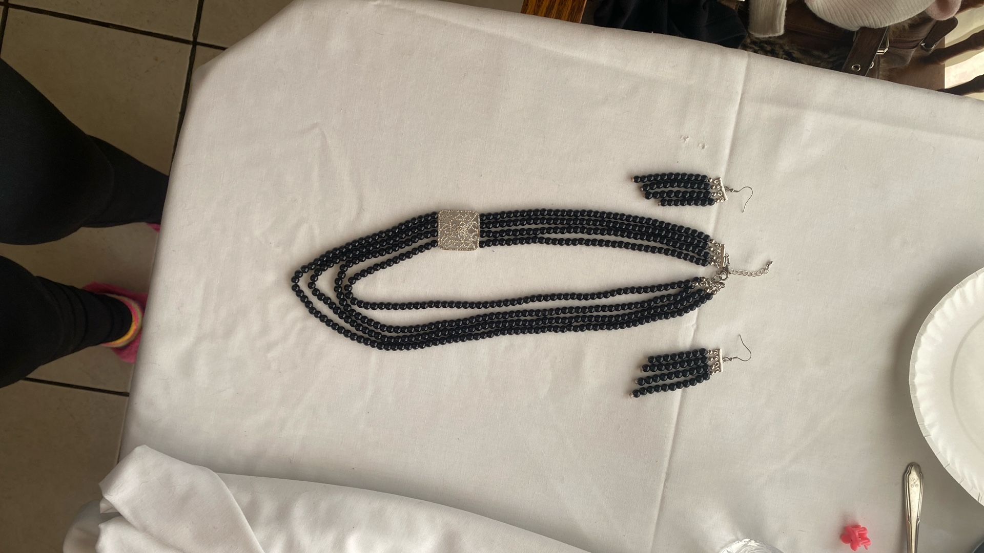 New Black Pearl-like Necklace With Pendant, Bracelet With Pendant And Dangle Earrings