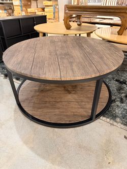 Round Coffee Table with Black Metal Frame & Lower Shelf – Dark Walnut FinisH