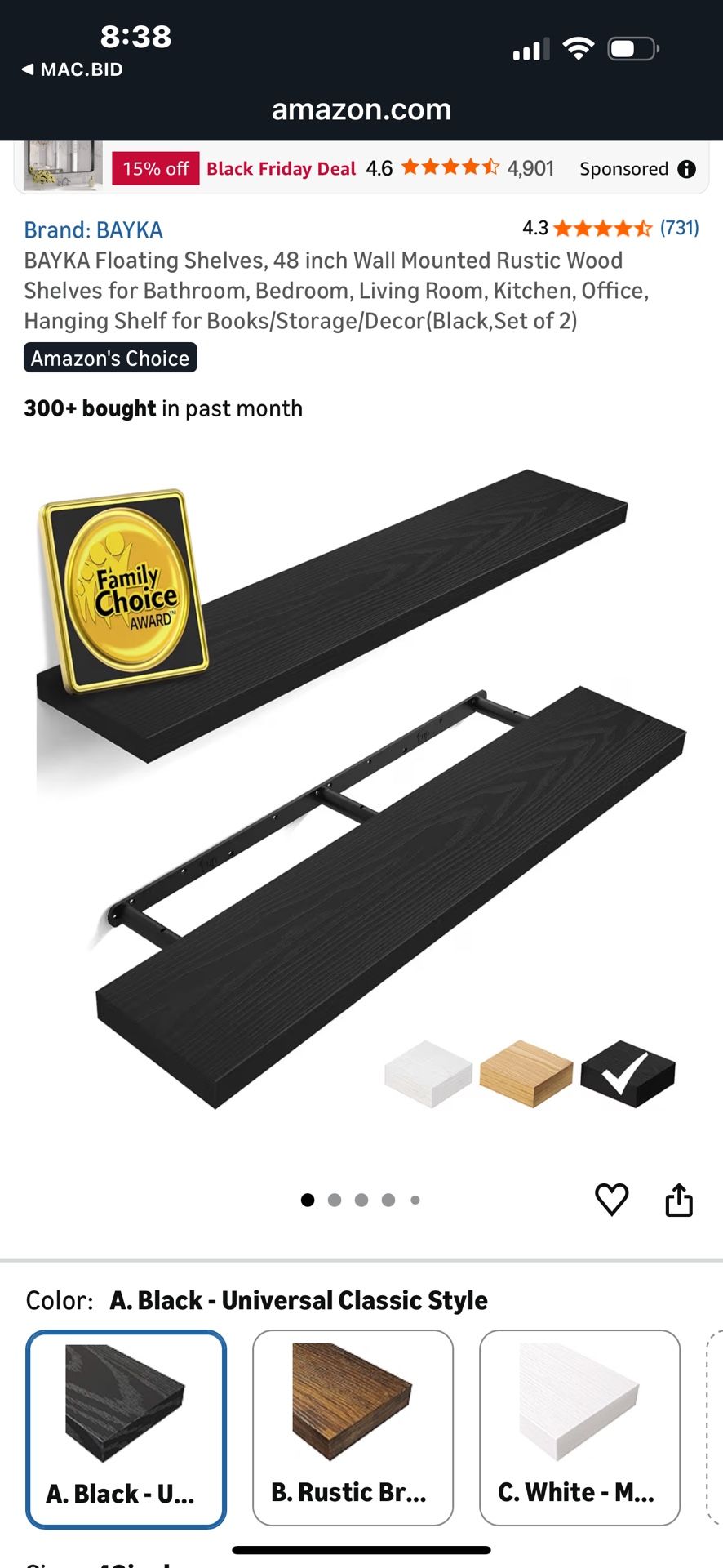 New- 48 X 9.45 X 1.5 Set Of Black Floating Shelves