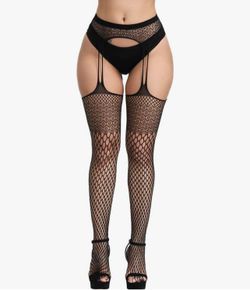 High Waist Fishnet Tights Suspenders Pantyhose Thigh High Stockings Black