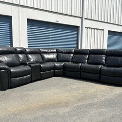 Jet Black Real Leather Power Reclining Sectional, Like New! (Delivery Available!)
