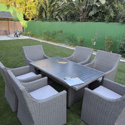 Outdoor Patio Dining Set – Table + 6 Wicker Chairs