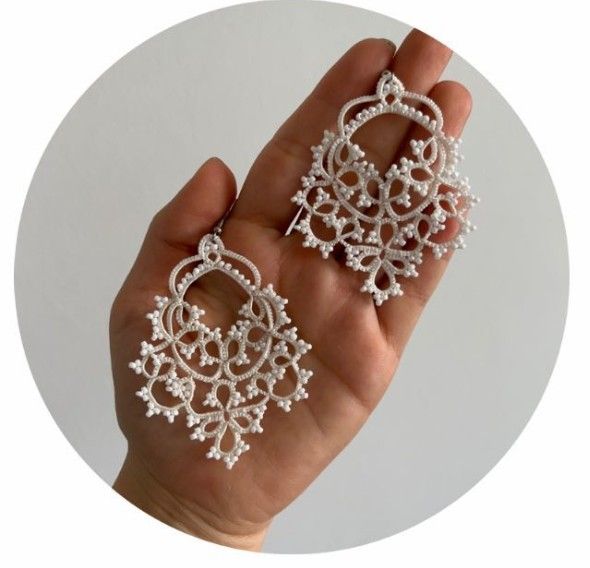 white lace earrings, handmade beaded lace jewelry for women