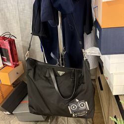 Prada Tote Bag Black Nylon Leather Robot 