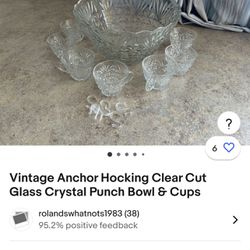 Vintage Anchor Hocking Clear Cut Glass Crystal Punch Bowl w/5 Cups
