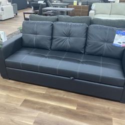 New Black Faux Leather Sofa With Pop Up Sleeper Bed Couch 