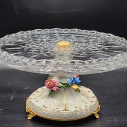 Capodimonte Italian Ivory Porcelain & Crystal Centerpiece Cake Dessert Pastry Pedestal Tray