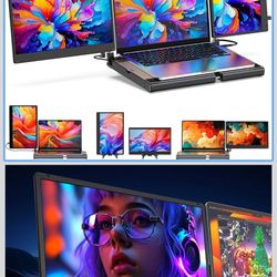 Laptop Screen Extender 14'' Triple Portable Monitor-360° Rotation F3 Laptop Monitor Extender Vertical with Stand,IPS FHD 1080P Workstation for Windows