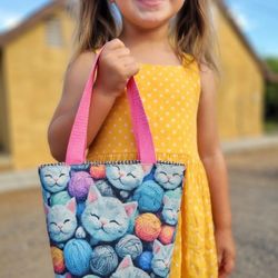 Cute Mini Tote Bag for Girls | Cat and Yarn Kids Shoulder Bag | Perfect Gift for Ages 4-8