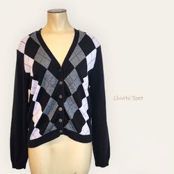 Michael Kors Argyle Cardigan Sweater - Black/grey/pink - M