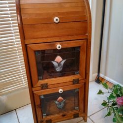 Vintage Wooden Vegetable Bin With Stained Glass Style Doors And Rolltop On Top