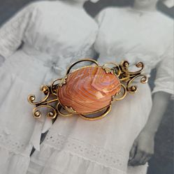 Vintage Orange Jasper Cabachon Gold Tone Ornate Dome Brooch Pin Mid Century 