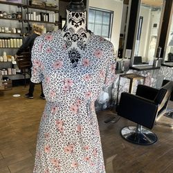 White Dress With Black Polka Dots And Pink Flowers
