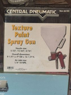Texture paint spray gunThe kit includes a gravity-feed gun with a 1.5-gallon plastic hopper and three nozzle sizes: 5/32", 15/64", and 5/1