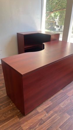 Wooden executive office table and bookshelf