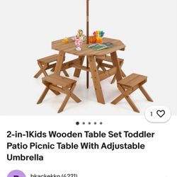 2-in-1Kids Wooden Table Set Toddler Patio Picnic Table With Adjustable Umbrella
