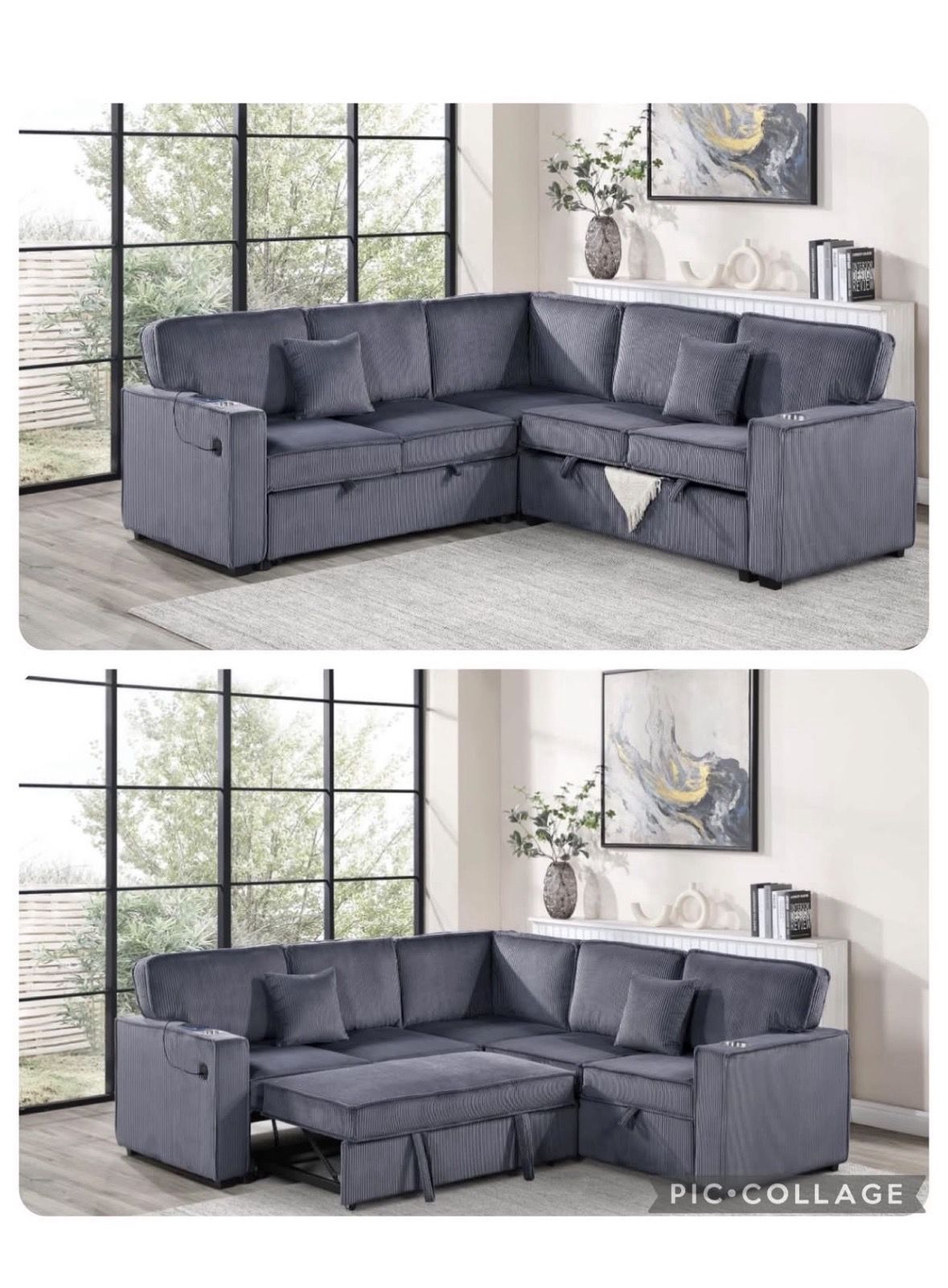 $550. Sectional Pull Out Bed With Storage USB Cup Holder Available,I Ivory,Dark Gray,Corduroy