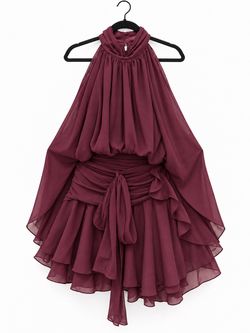 Burgundy Chiffon Ruffle Halter Mini Dress with Tie Waist