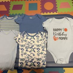 Baby Boy 5 Bodysuits Bundle Blue With 1 Happy Birthday Mommy Bodysuit 12-18 Mon