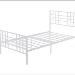 41.30 in.Wide White Metal Bed Frame Twin-Size with Headboard and Footboard Single Platform Bed, Metal Tube, Iron-Art Bed
