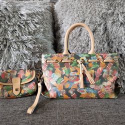 Vintage Dooney And Bourke Handbag Hard Candy Black Tan Leather Charm Gold 