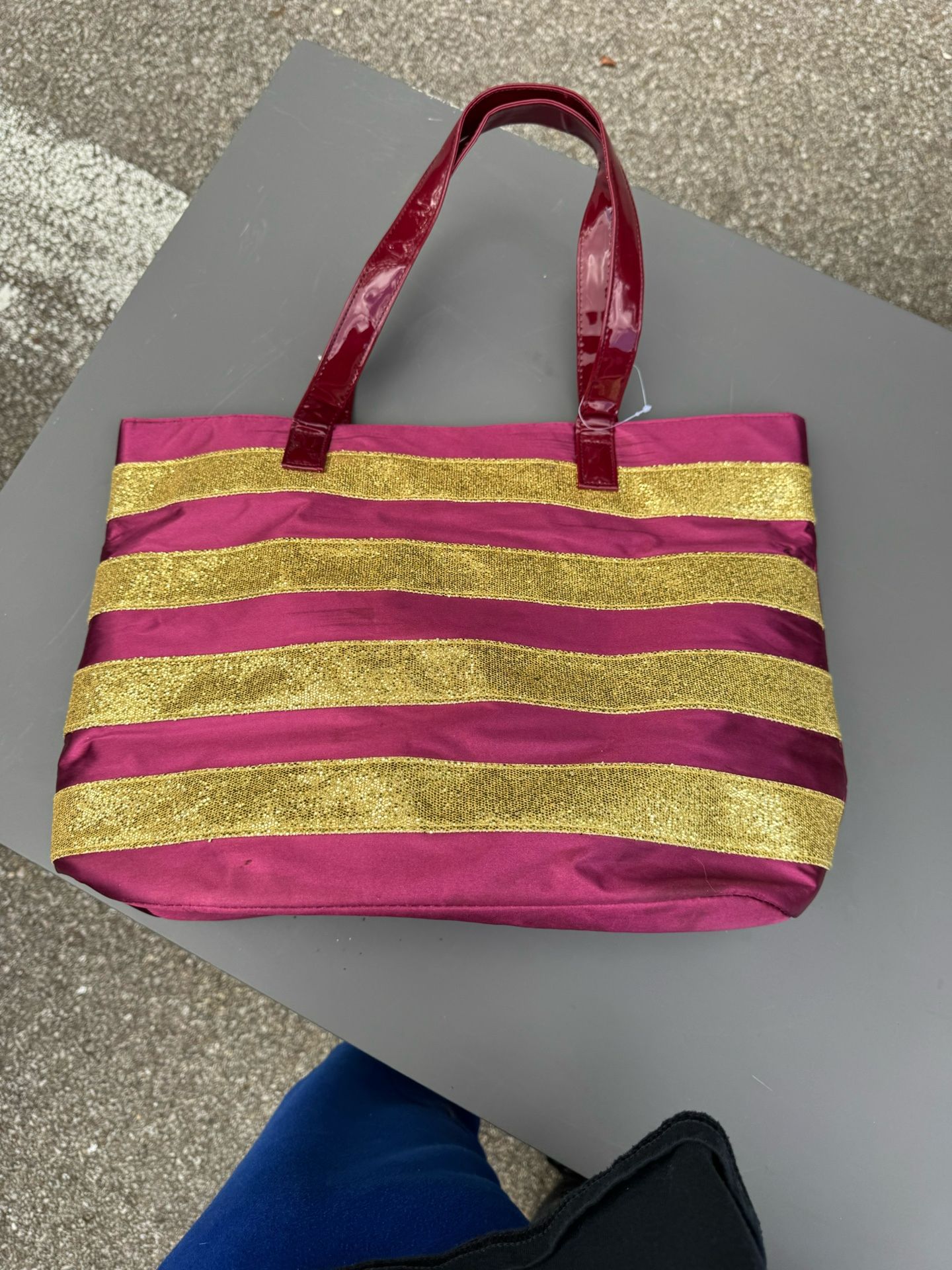 SILK ELEMENTS HOLIDAY TOTE By Sally Beauty Deep Red w/Gold Stripes