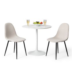 Homy Casa Clift 3PC Dining Set 31.5” White Round Dining Table with 2 Charlton Lumos Beige Fabric Dining Chairs