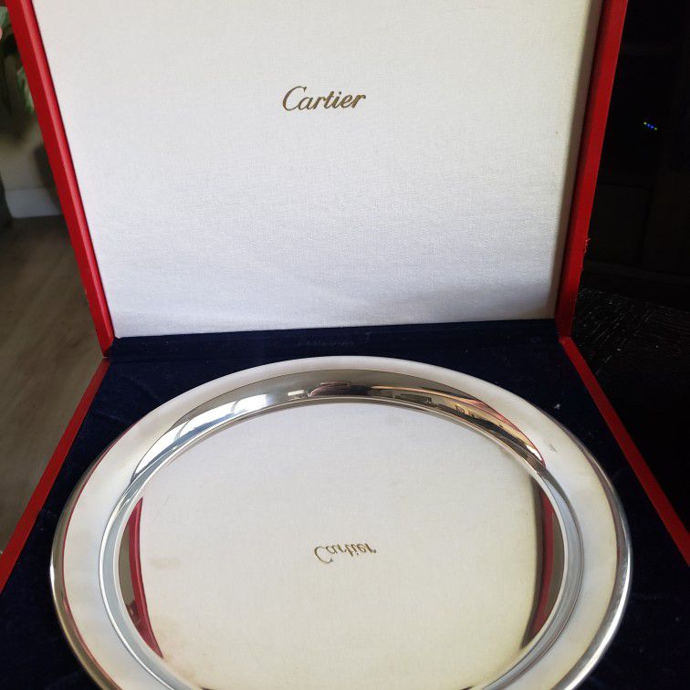 Vintage Cartier Polished Pewter Silver Tray With Original Red Box