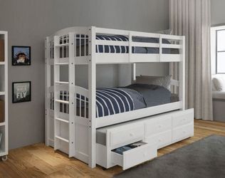 White Twin Bunk Bed with Trundle & 3 Drawers (NO CREDIT CHECK FINANCING AVAILABLE)