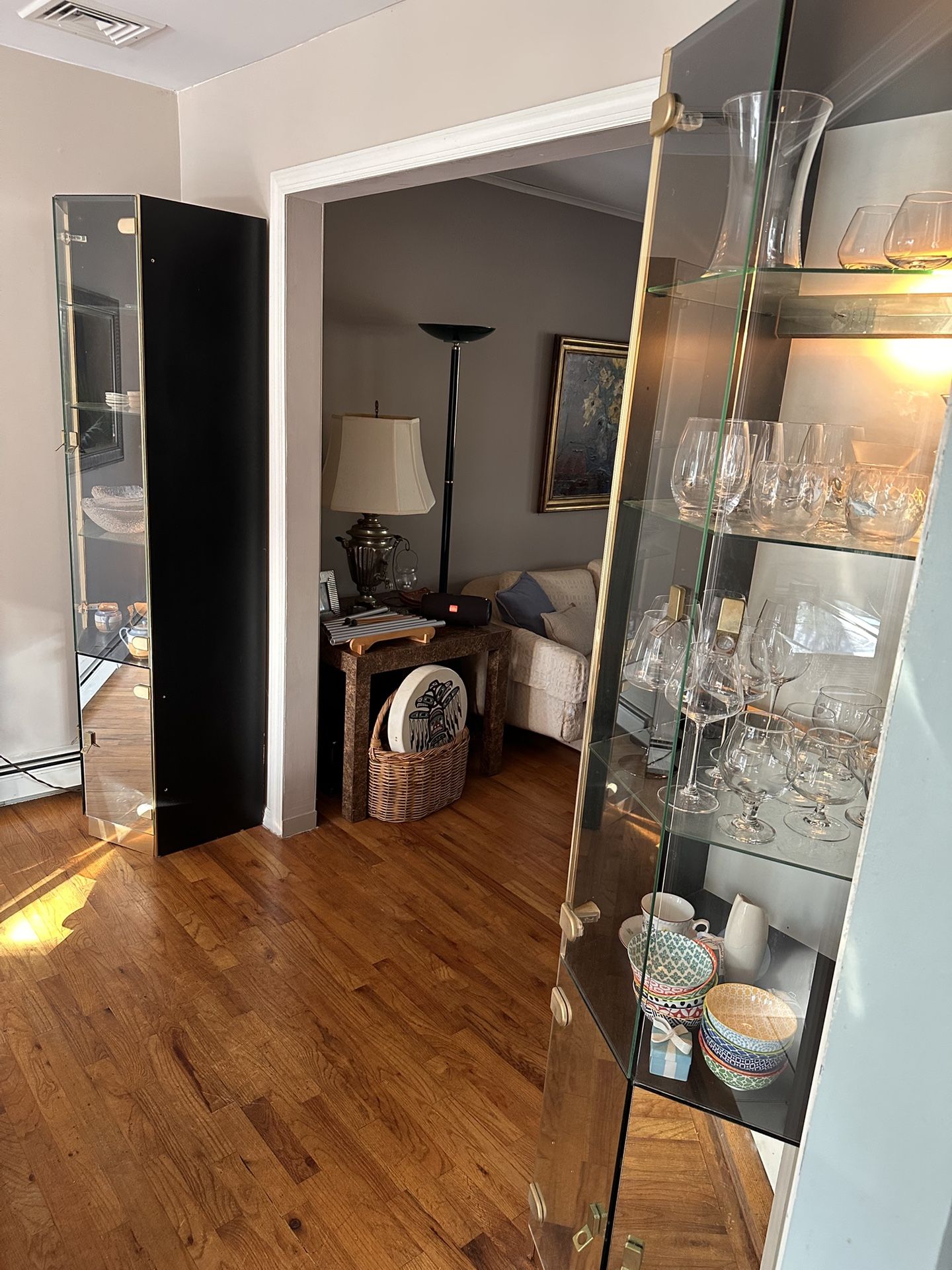 TWO Lighted Glass Display Breakfront - Cabinet - Curio