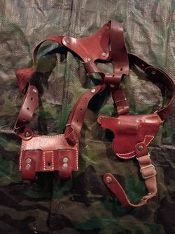 Vintage Ted Blocker brown leather shoulder holster  with a double magazine pouch