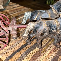 Antique Kenton Green Cast Iron Horses with Wagon Pull