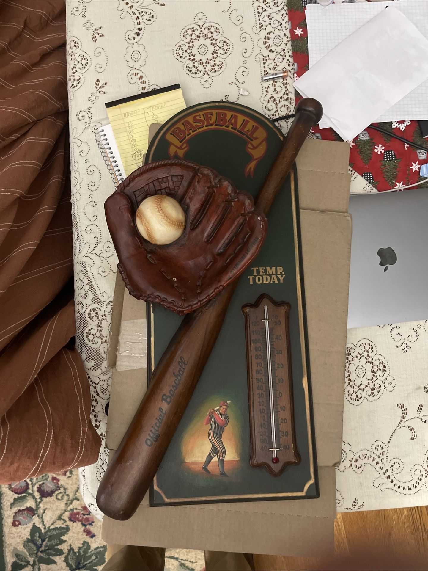 Vintage 3D Wood Baseball Thermometer with Baseball, Bat & Glove