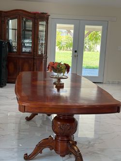 Large Wood Dining Table with Carved Pedestal Base