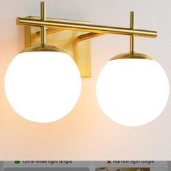 Gold Vanity Bathroom Lighting Fixtures Milky White Glass Globe Shades Modern Wall Sconce 14 Inch Vanity Lighting Fixtures, Over Mirror, 