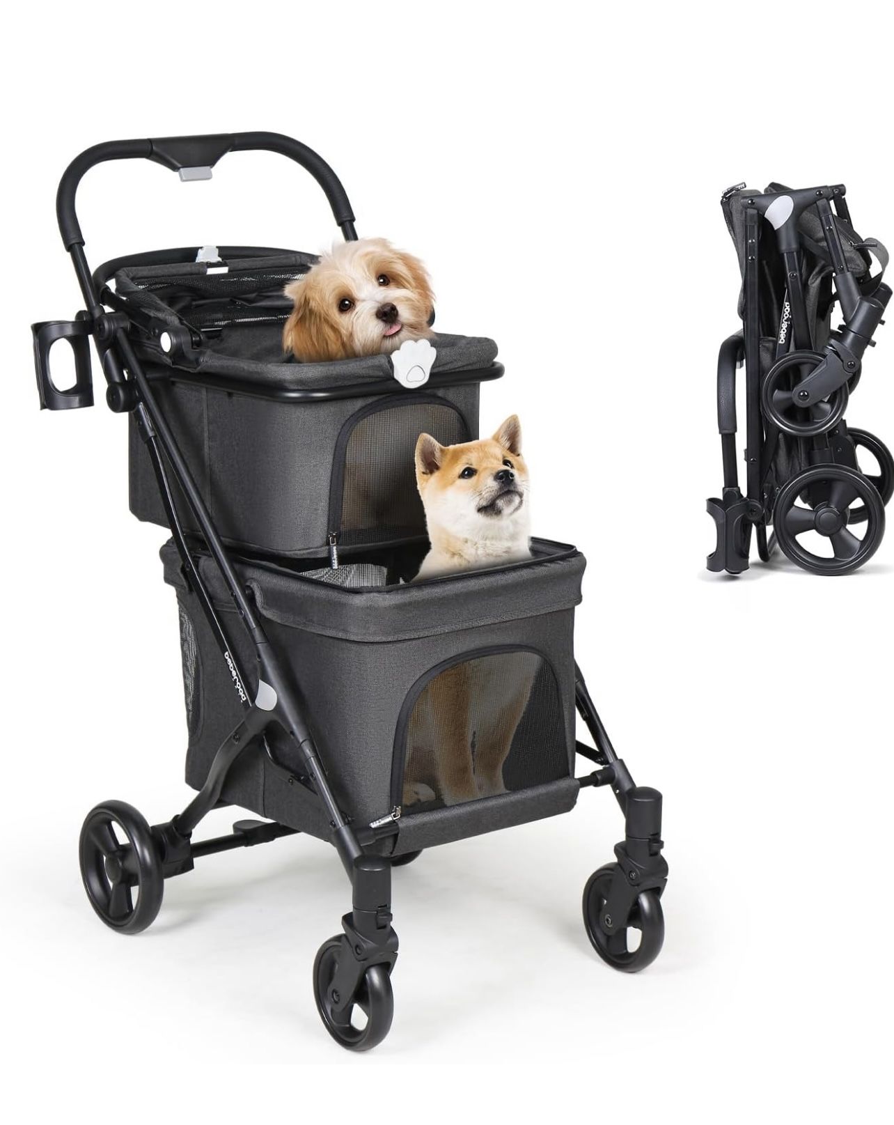 T1 Double Pet Stroller for 2 Small Dogs or Cats Lightweight Foldable Double Cat Stroller with Detachable Carrier (Black)