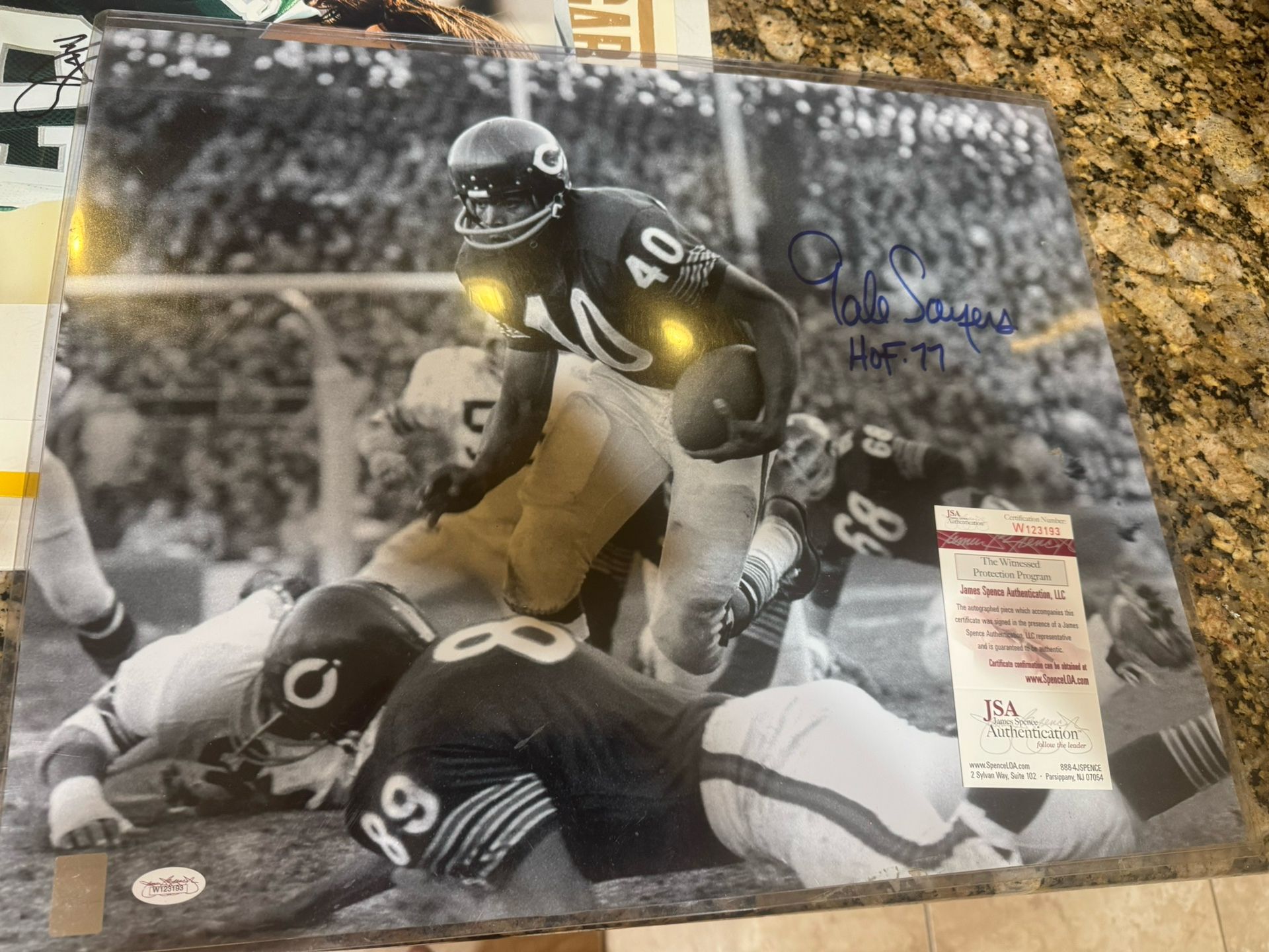 16 X 20 Autographed Gale Sayers Photo. JSA Witnessed