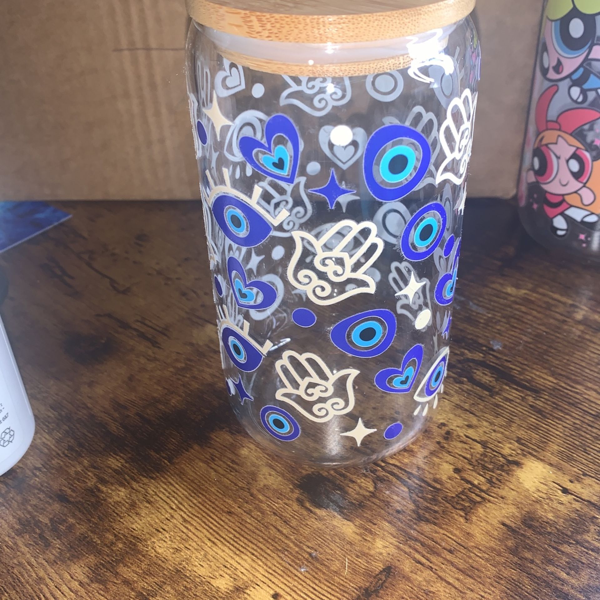 Evil Eye 16oz Glass Cup With Straw