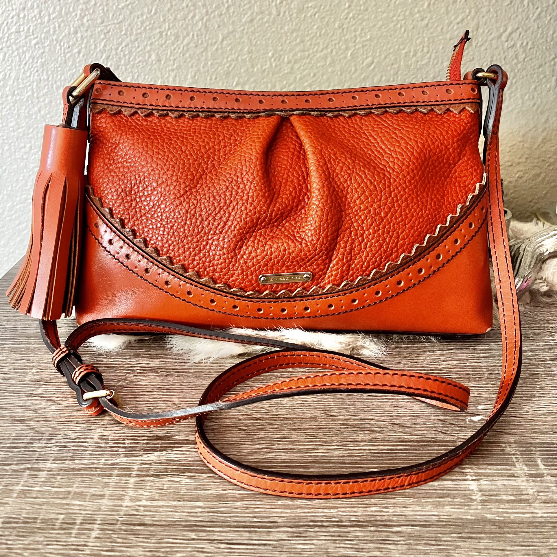 Burberry Orange Brogue Leather tassel shoulder bag