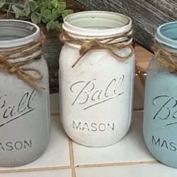 Chalk painted distressed PINT mason jars gift wedding - gray white blue