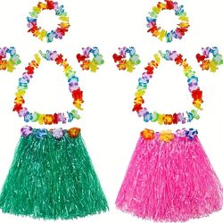 2-Pack Hawaiian Hula Skirt Set – Multicolor Grass Skirts with Flower Accessories for Luau, Beach Party, Dance & Fancy Dress