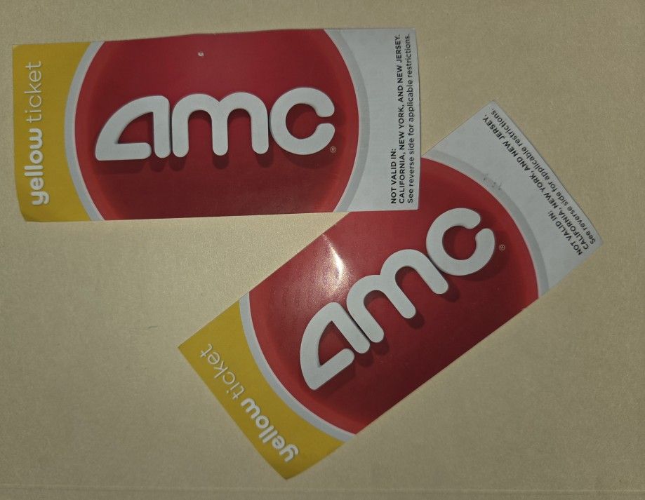 AMC Theatre Yellow Movie Tickets (Qty:2). $10.00 For Both FIRM!