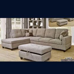 Grey Linen Sectional Couch And Ottoman