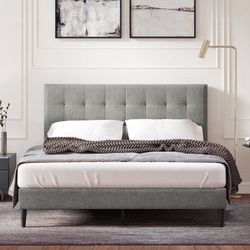 Full Bed Frame with Velvet Completed Upholstered Headboard, Wooden Slats Support/No Box Spring Needed/Easy Assembly,
