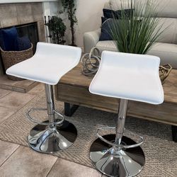 Set of 2 - Barstool, Adjustable Swivel Bar Stools - White with PU Leather and Chrome Base