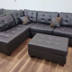 New Dark Brown Faux Leather Sectional And Ottoman Sofa Couch 